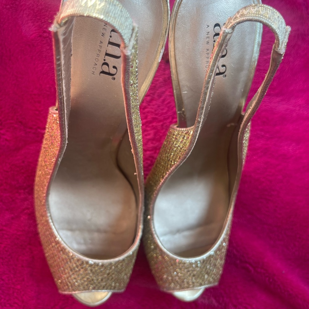 Super Sparkly A.N.A Gold Stilotes with Peep Toe